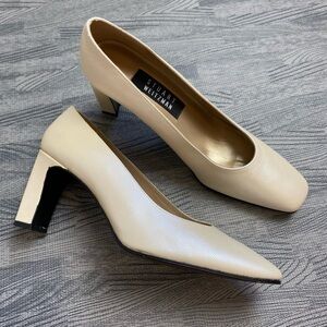Stuart Weitzman Metallic Cream Square Toe Pump Heels